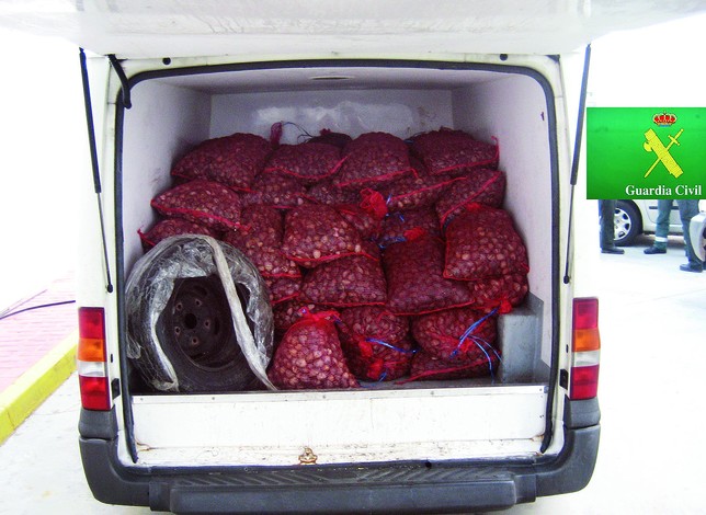 Los 2.100 kilos de almejas fueron localizados en este vehículo, junto a la rueda de repuesto y sin refrigeración. Guardia Civil
