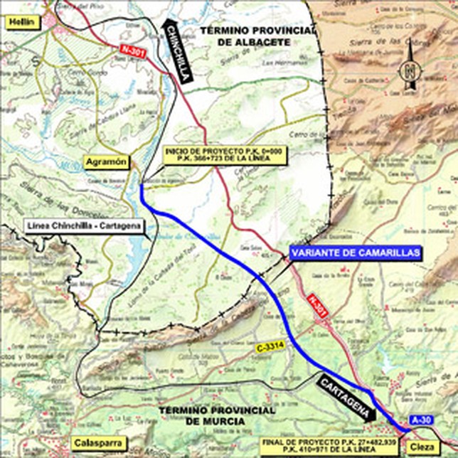 Plano de la Variante de Camarillas, con el trazado actual en negro y el nuevo en azul. Ministerio de Fomento