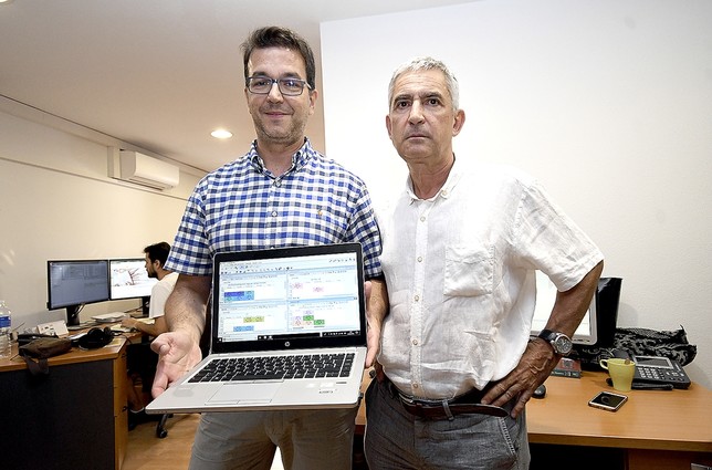 Luis Gallego y Ángel Luis Llorente posando con la aplicación en las oficinas